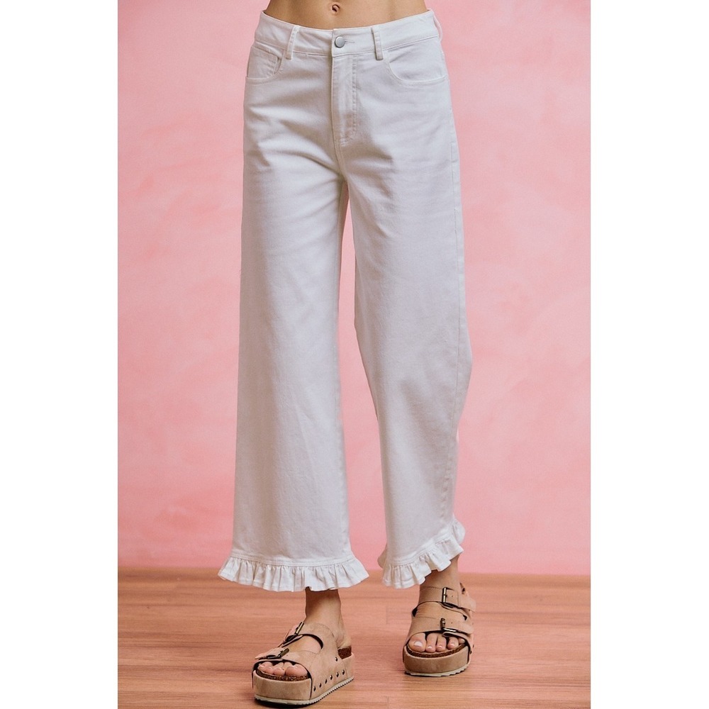 SO ME Ruffled Bottom Detail Mid Rise Jeans - White - Large